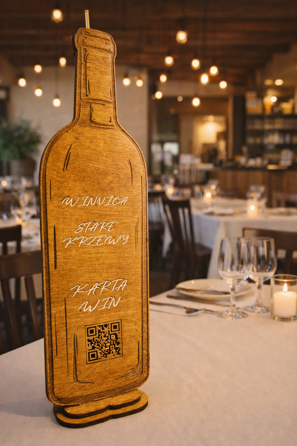 Drewniany stojak QR w kształcie butelki – eleganckie menu QR - obrazek 2